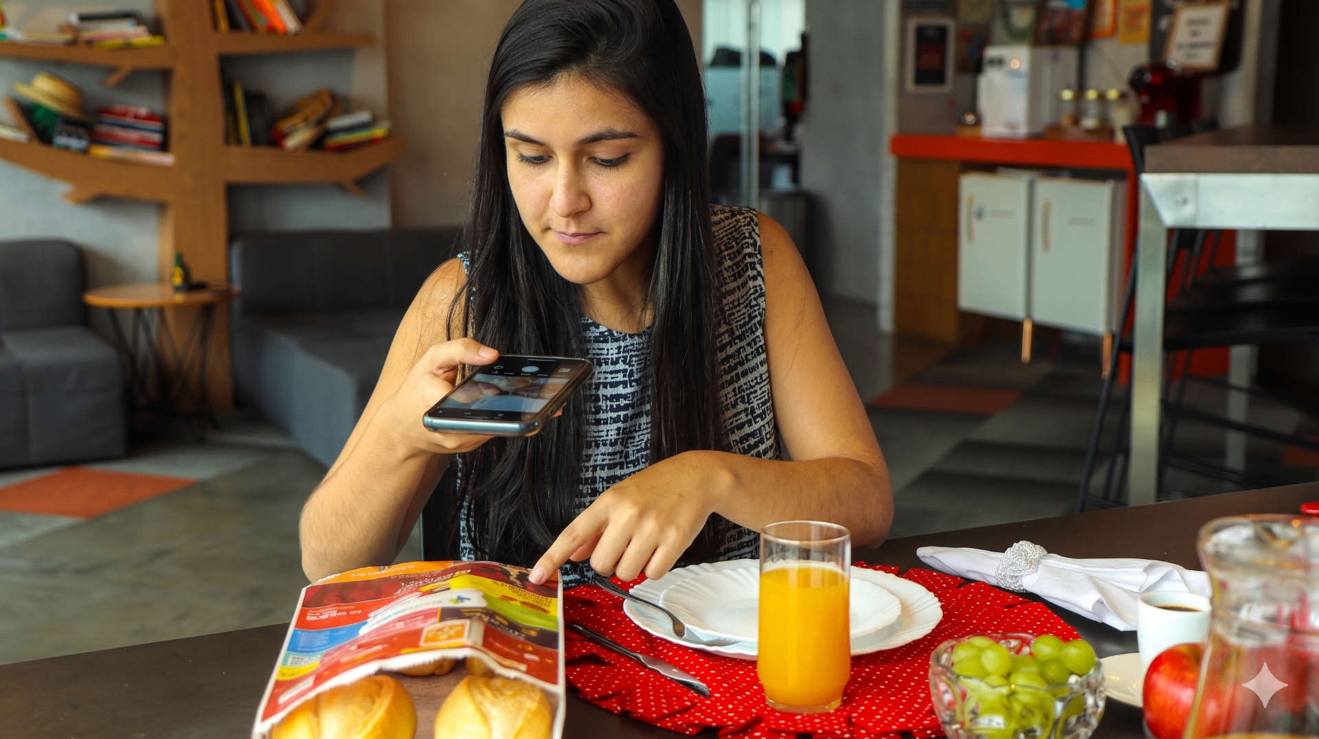 Cliente escaneando QR Code do saco de pão durante o café da manhã